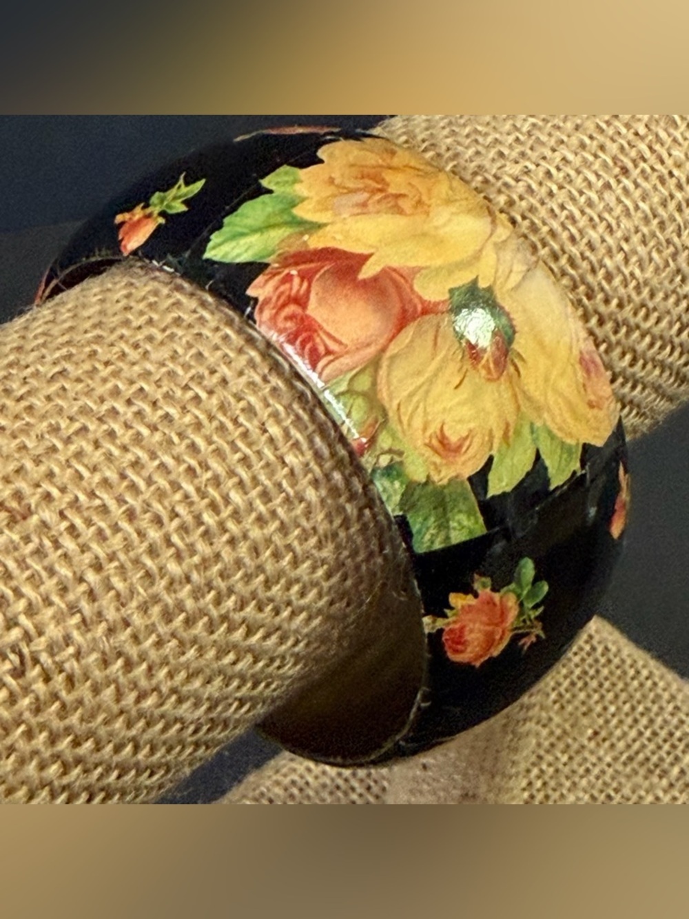 Black Multicolored Floral Bangle Cuff Bracelet Statement Resin Chunky Boho